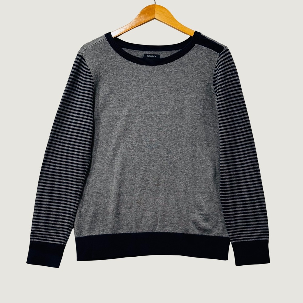 Nautica Sweater Womens M Gray Navy Blue Striped Crewneck Preppy Old Money